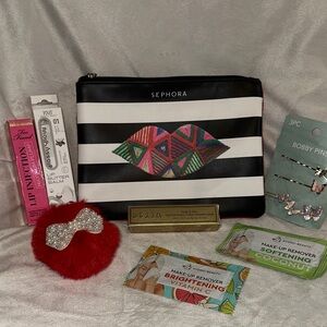 Sephora Black and White Striped Cosmetic Bag Accessories & Makeup Bundle 8 piece